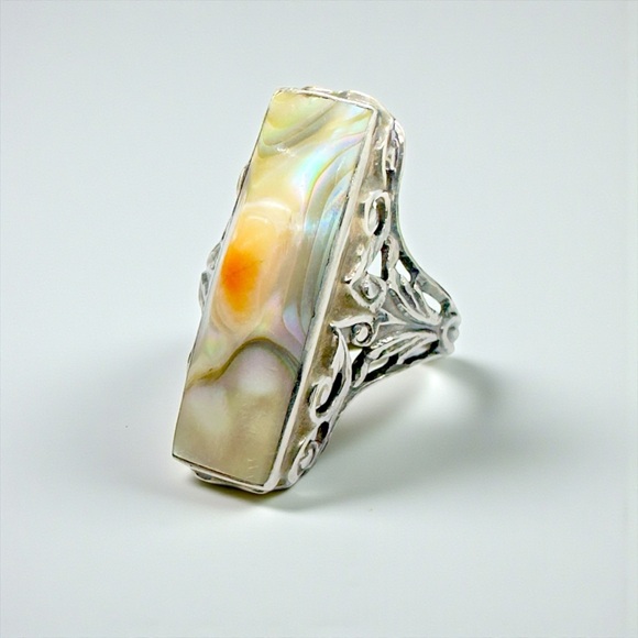 Vintage Art Deco Sterling Rectangular Abalone Blister Pearl Ring - Picture 5 of 14